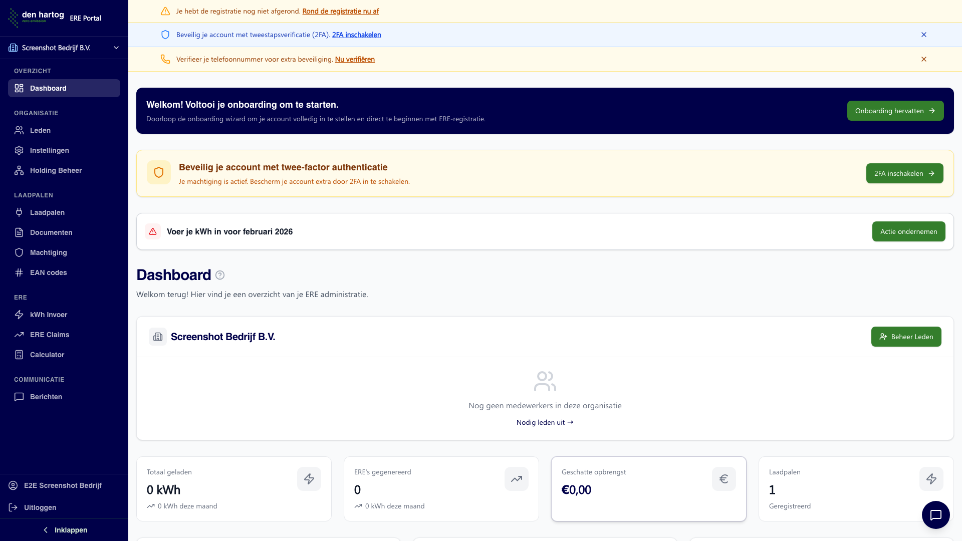 Bedrijf onboarding dashboard